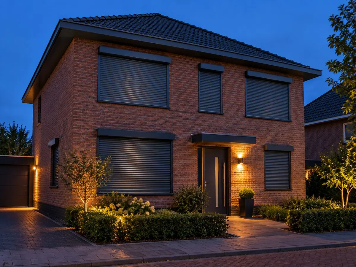 Woning in de avond met alle rolluiken dicht