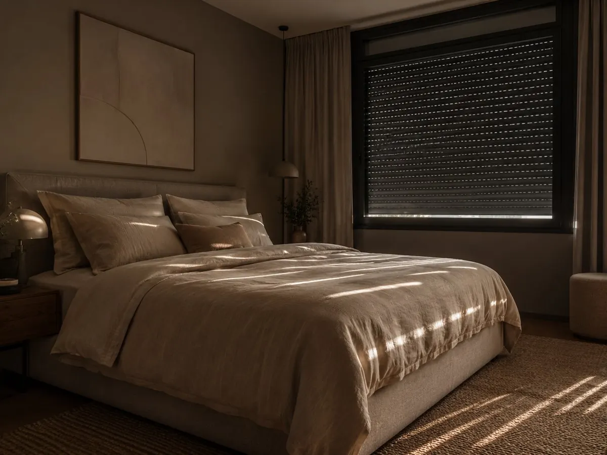 Donkere slaapkamer overdag, rolluik dicht met lichtstreepjes op het bed